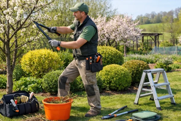 Pravilno orezivanje biljaka u vrtu, vrtlar orezuje ukrasne i voćne biljke za zdrav rast i bujniju krošnju