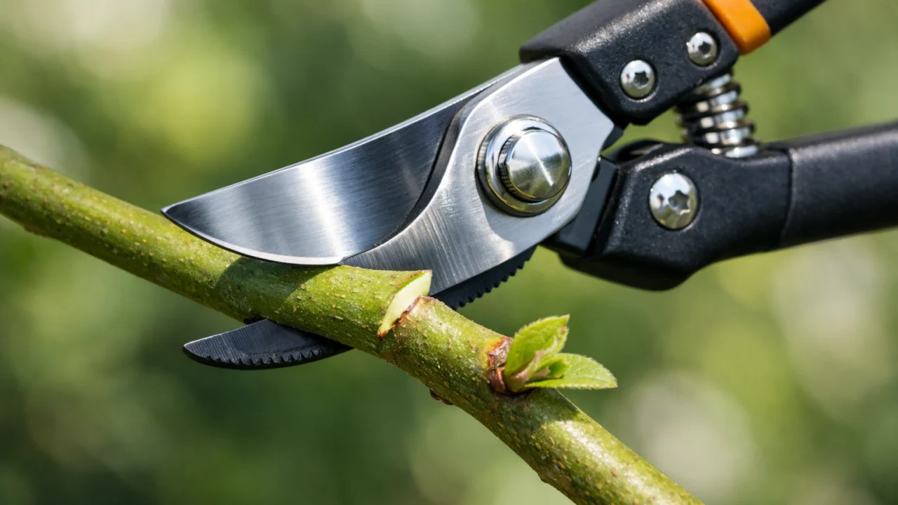 Detalj pravilnog reza biljke iznad pupoljka s oštrim škarama, tehnika rezidbe za poticanje novog rasta