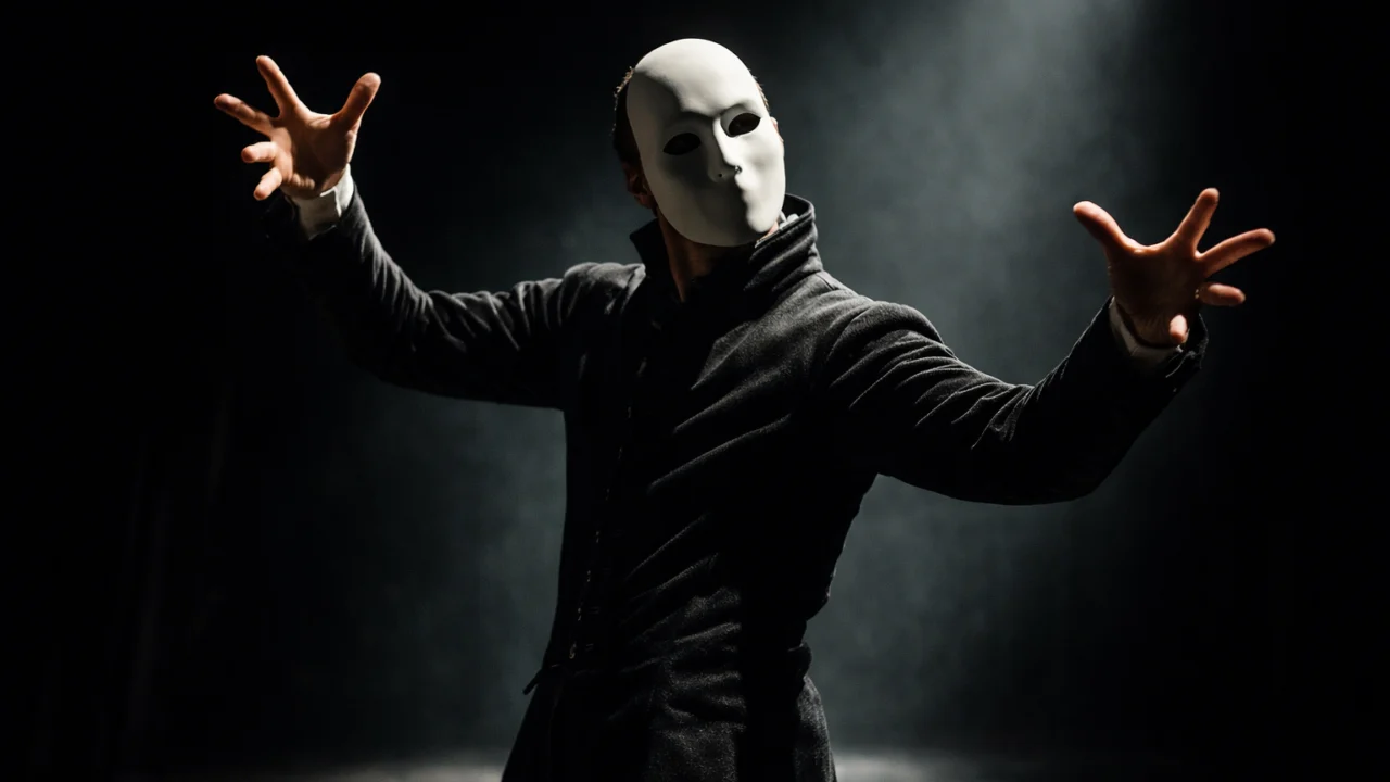 Stilizirana kazališna gluma s naglašenim pokretima, maskom i simboličkim izrazom na pozornici