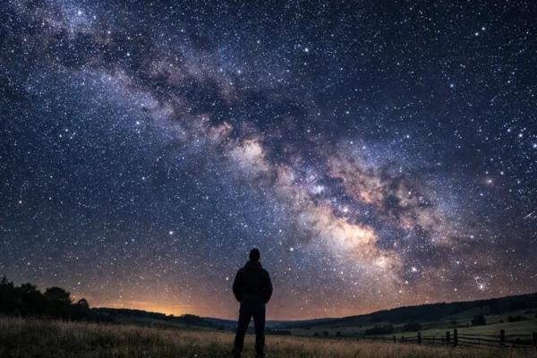 Promatranje noćnog neba golim okom na tamnom ruralnom području, vidljiva Mliječna staza i tisuće zvijezda