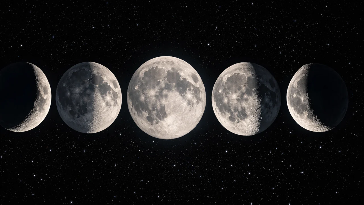 Različite faze Mjeseca promatrane bez teleskopa, od mladog Mjeseca do punog