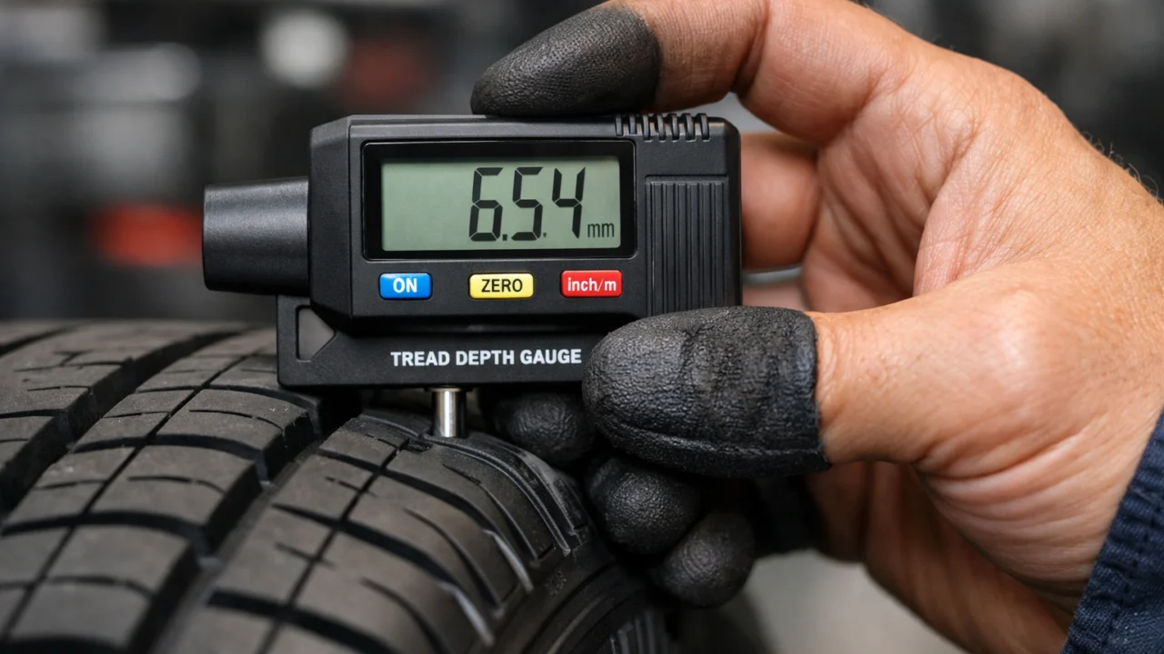 Mjerenje dubine profila guma digitalnim mjeračem u autoservisu za preciznu kontrolu trošenja