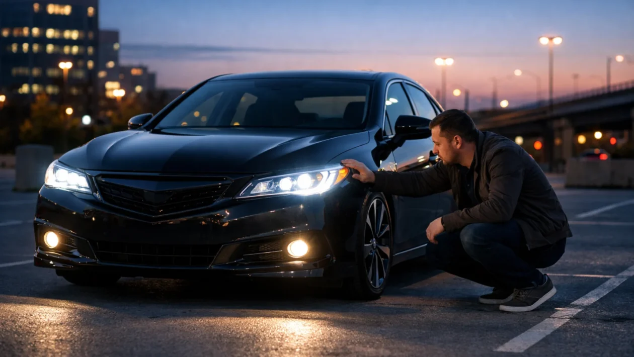 Provjera svjetala na automobilu u sumrak, uključena kratka i duga svjetla za sigurnu i zakonski ispravnu vožnju