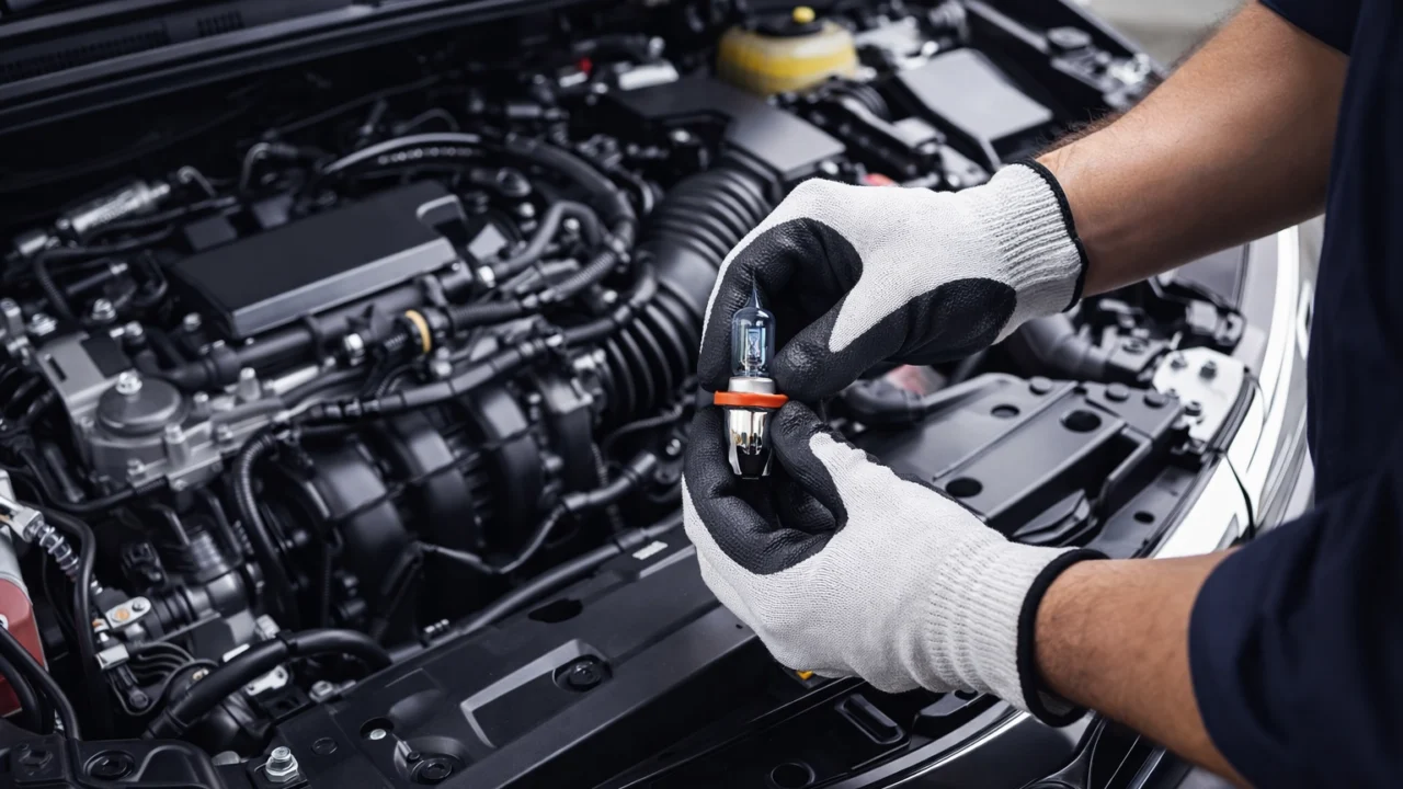 Zamjena prednje žarulje na automobilu ispod haube uz korištenje rukavica i pravilnog položaja žarulje