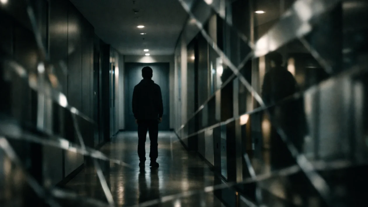 Psihološki horor – usamljena osoba u mračnom hodniku simbolizira strah iznutra i iskrivljenu percepciju.