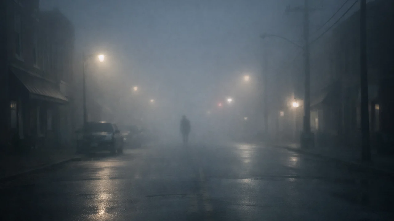 Maglovita ulica noću i usamljena figura prikazuju neizvjesnost i strah percepcije u psihološkom hororu.
