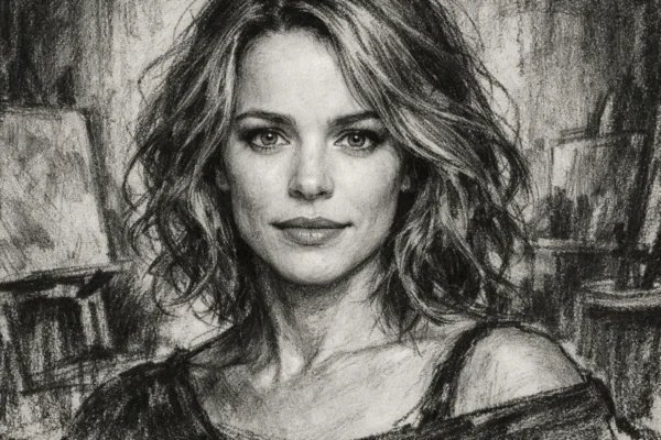 Portret Rachel McAdams u uglj stil tehnici, crno-bijeli kontrastni crtež s izražajnim linijama.