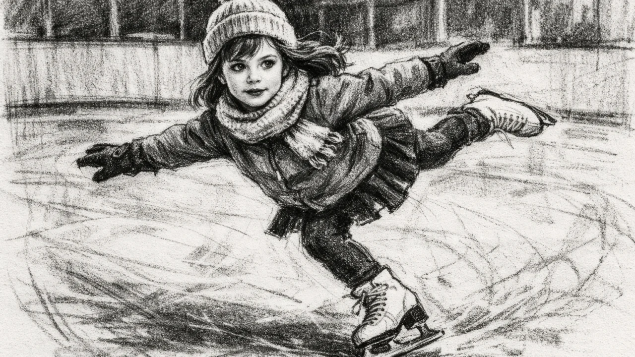 Rachel McAdams kao djevojčica na umjetničkom klizanju, prikazana u uglj stil crtežu visoke kontrastnosti.