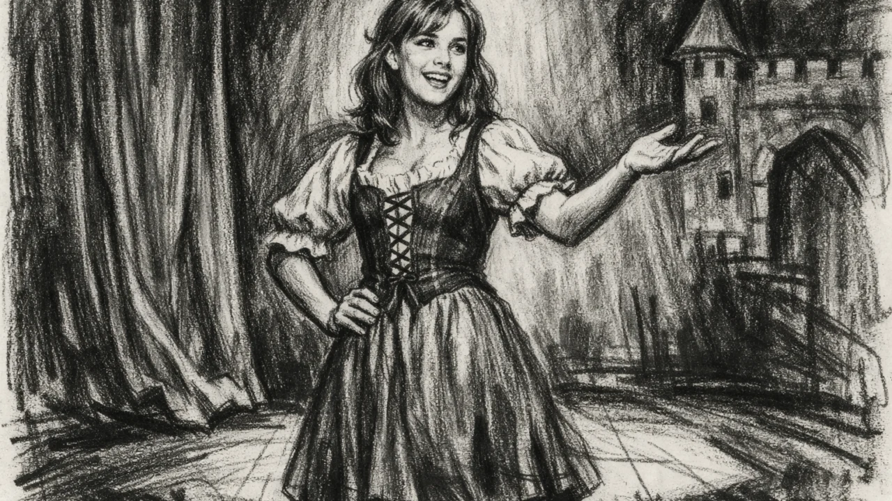 Školska kazališna scena s Rachel McAdams u mladosti, ilustrirana u uglj stil crtežu.