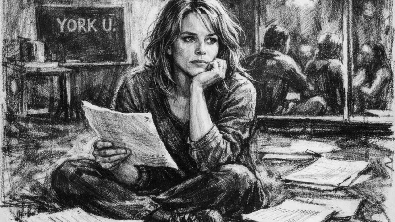 Rachel McAdams tijekom studija glume na sveučilištu, prikazana u uglj stil crno-bijelom crtežu.