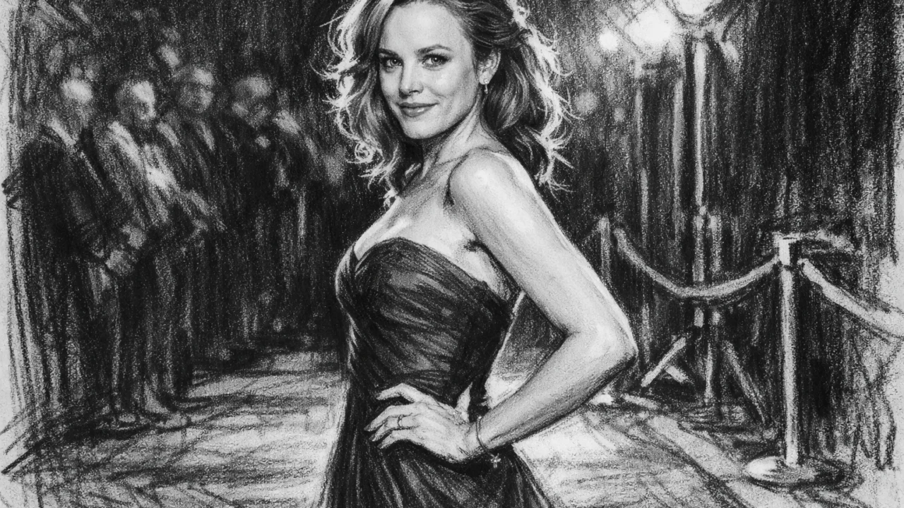 Rachel McAdams na filmskoj premijeri, predstavljena u uglj stil crtežu snažnog kontrasta.