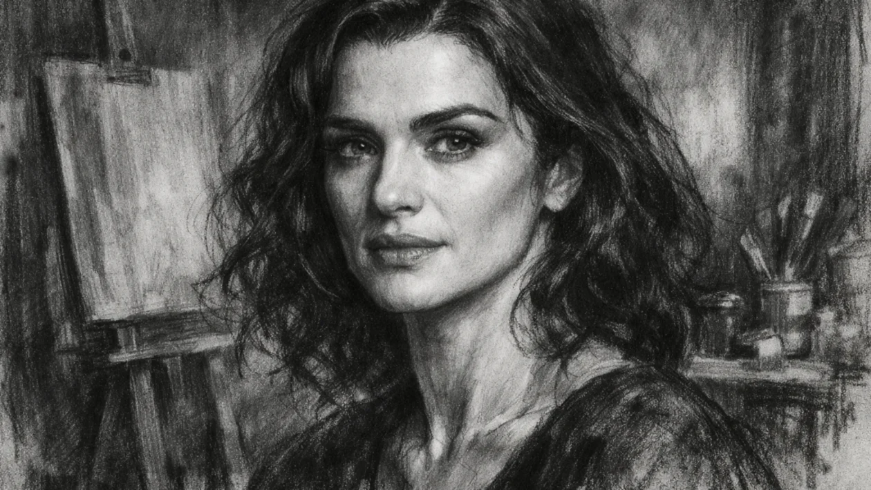 Hero portret glumice Rachel Weisz u ugalj stilu, crno-bijeli izražaj s jakim kontrastom i prepoznatljivim crtama lica.