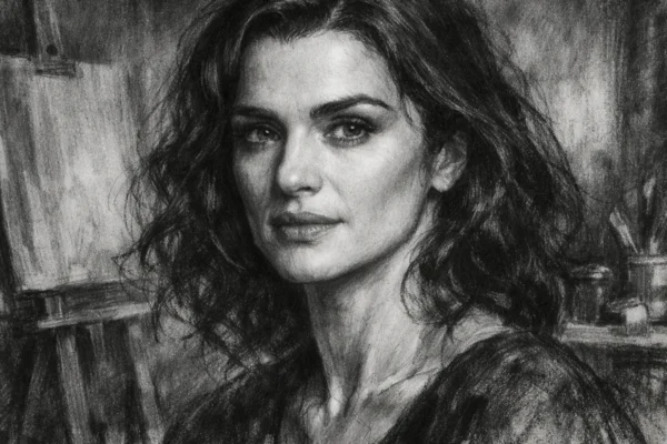 Hero portret glumice Rachel Weisz u ugalj stilu, crno-bijeli izražaj s jakim kontrastom i prepoznatljivim crtama lica.