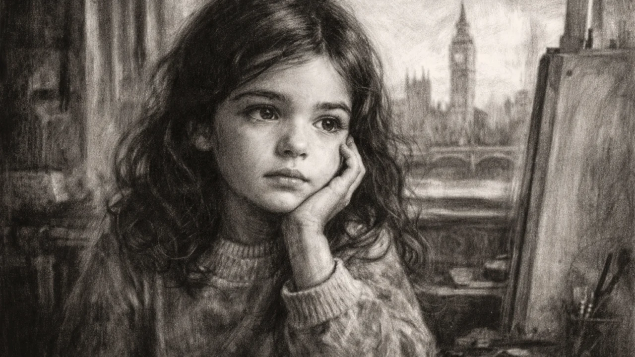 Prikaz Rachel Weisz u djetinjstvu u londonskom okruženju, nacrtano u ugalj stilu s naglašenim kontrastom.