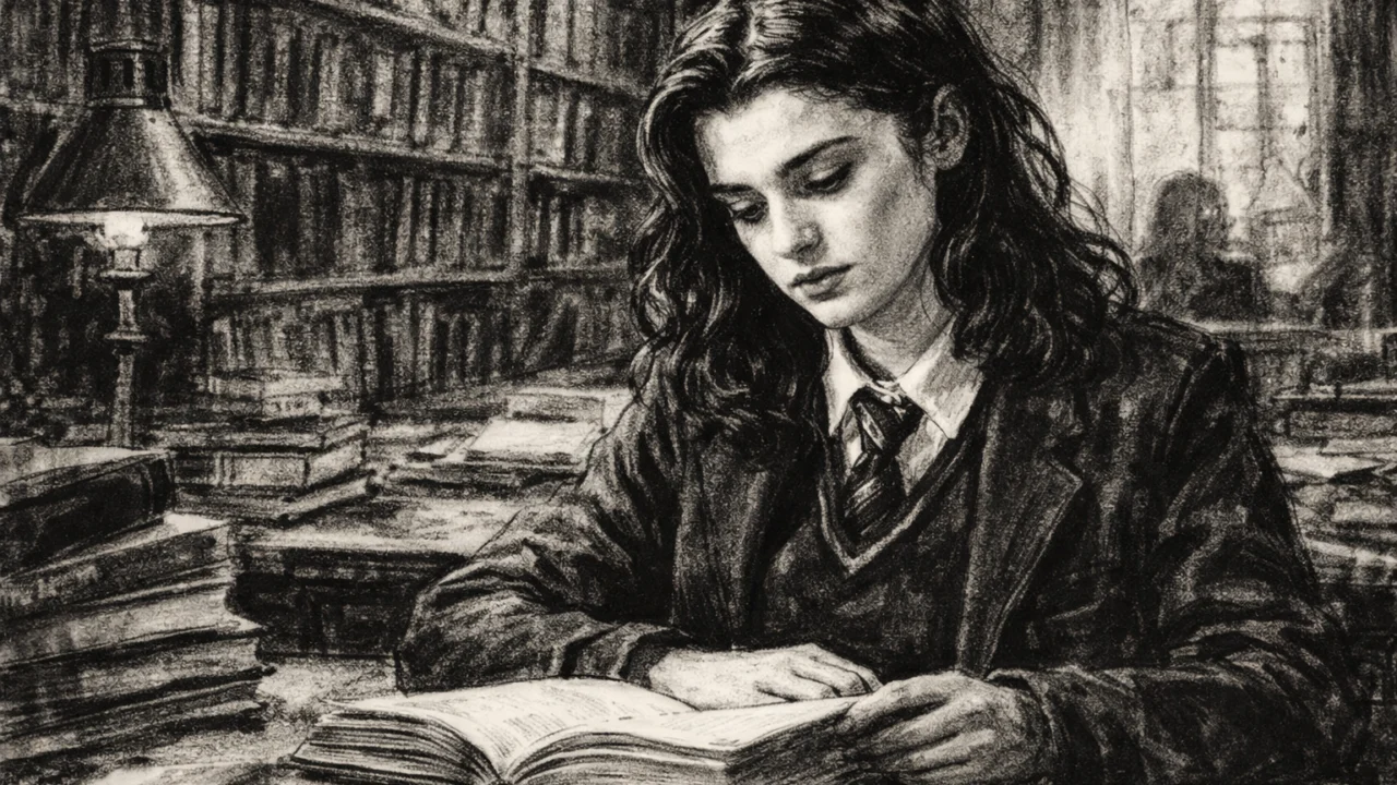 Rachel Weisz kao učenica okružena knjigama, prikazana u ugalj stilu s umjetničkim, crno-bijelim izrazom.