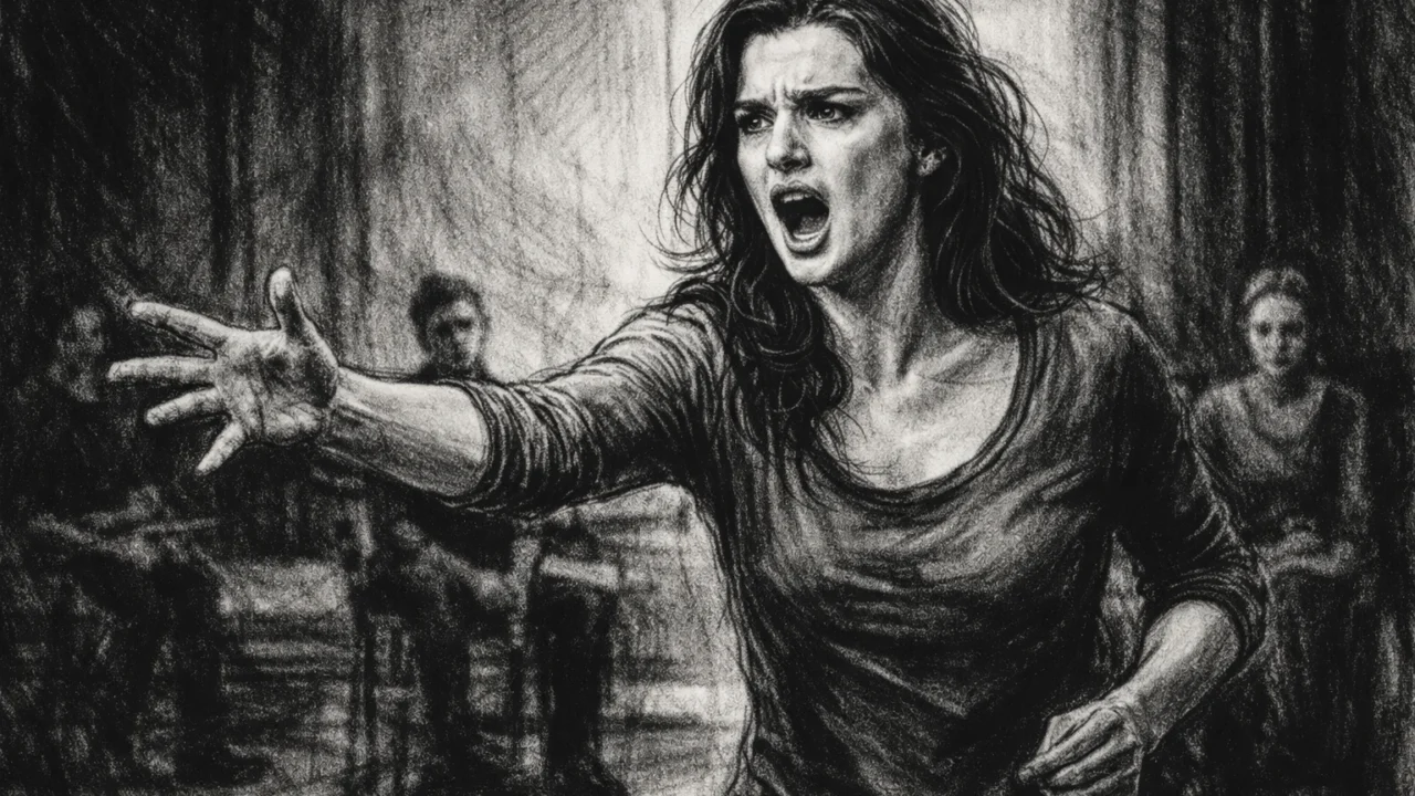 Rani kazališni nastup Rachel Weisz prikazan u ugalj stilu s naglašenim emocijama i kontrastima.