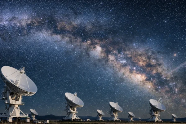 Radio teleskopi pod noćnim nebom i Mliječnom stazom, simbol radio astronomije i gravitacijskih valova