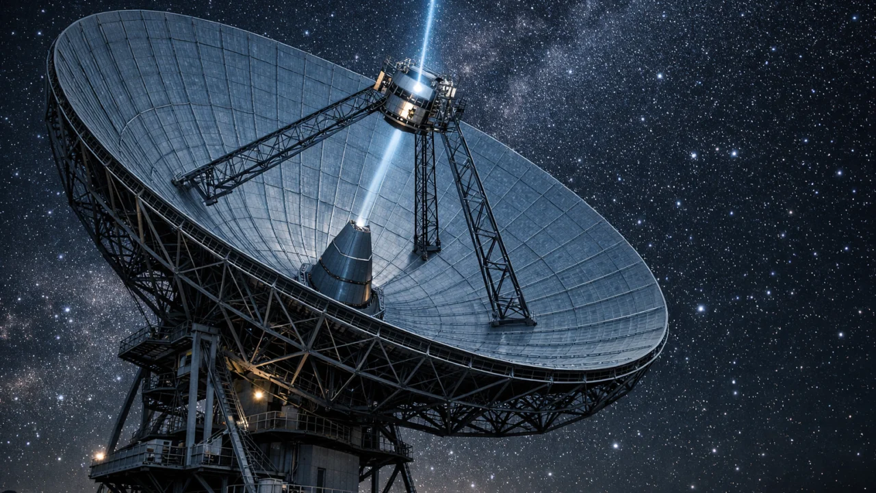Radioteleskop koji prikuplja kozmičke radio valove iz dubokog svemira tijekom noćnog promatranja