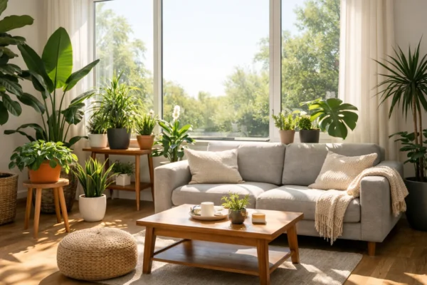 Raspored tegli s biljkama u dnevnom boravku uz veliki prozor za optimalno prirodno svjetlo i zdrav rast biljaka
