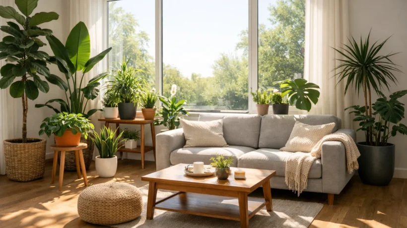 Raspored tegli s biljkama u dnevnom boravku uz veliki prozor za optimalno prirodno svjetlo i zdrav rast biljaka