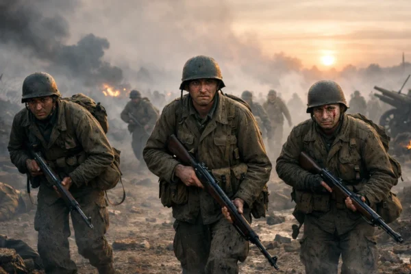 Široki kadar ratnog filma koji prikazuje realizam bojišta, iscrpljene vojnike i moralnu cijenu heroizma