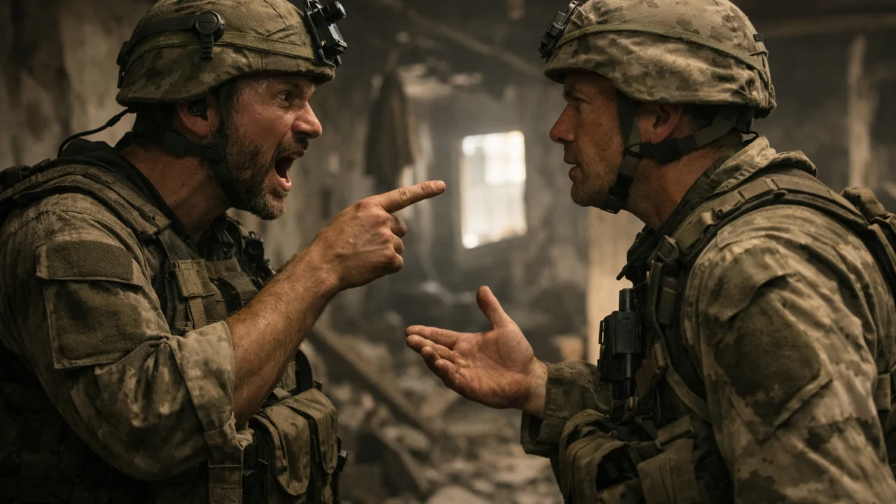 Scena iz ratnog filma koja prikazuje moralnu dilemu, nelagodu i realističan prikaz ljudskih odluka u ratu