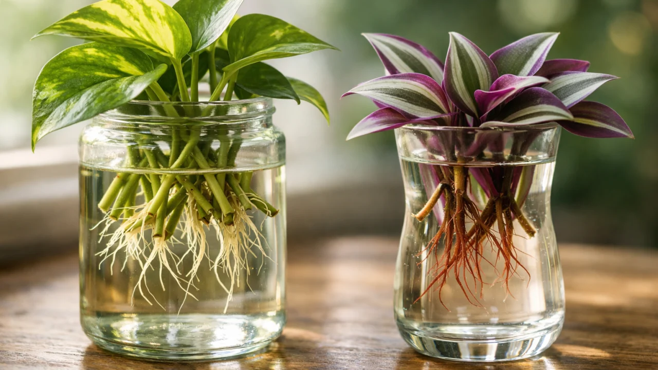 Ukorjenjivanje pothosa i tradescantije u vodi, vidljiv razvoj korijena u staklenoj posudi