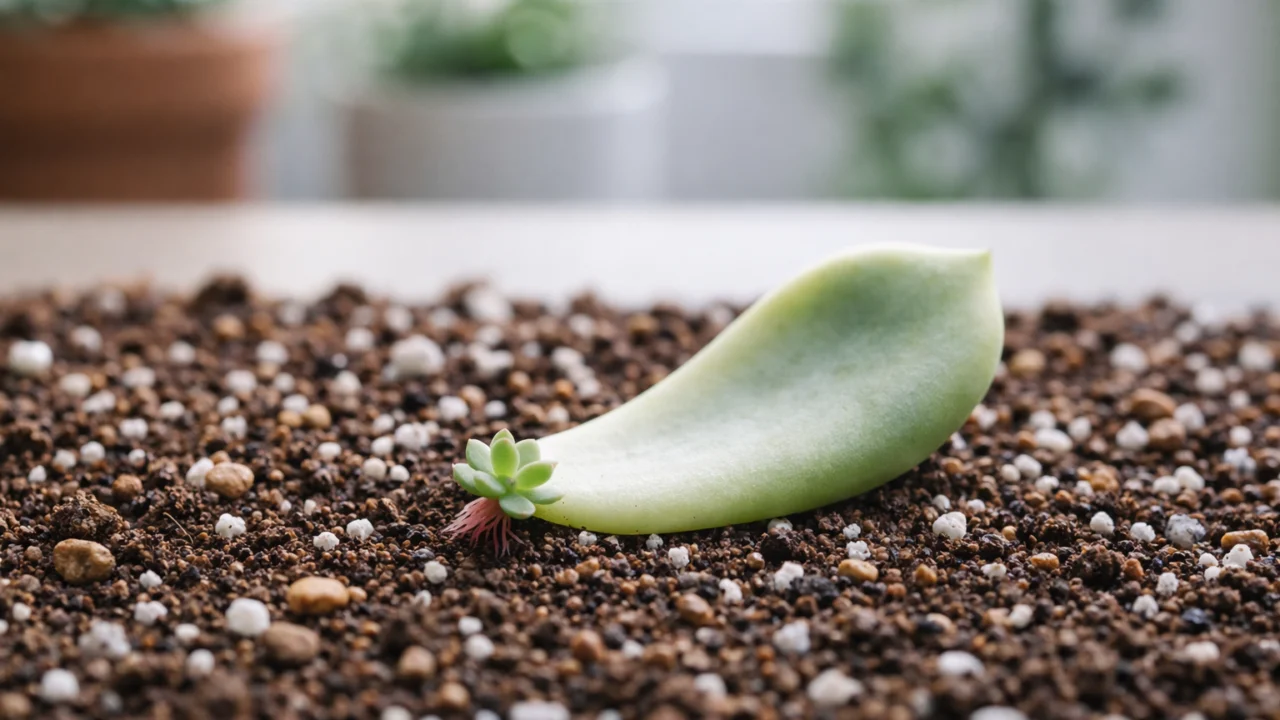 List sukulenta položen na propusnu zemlju za pravilno razmnožavanje bez pretjeranog zalijevanja