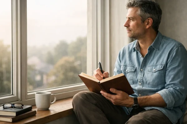 Osoba u mirnom jutarnjem okruženju vodi dnevnik emocija, simbol razvijanja samosvijesti i emocionalne inteligencije