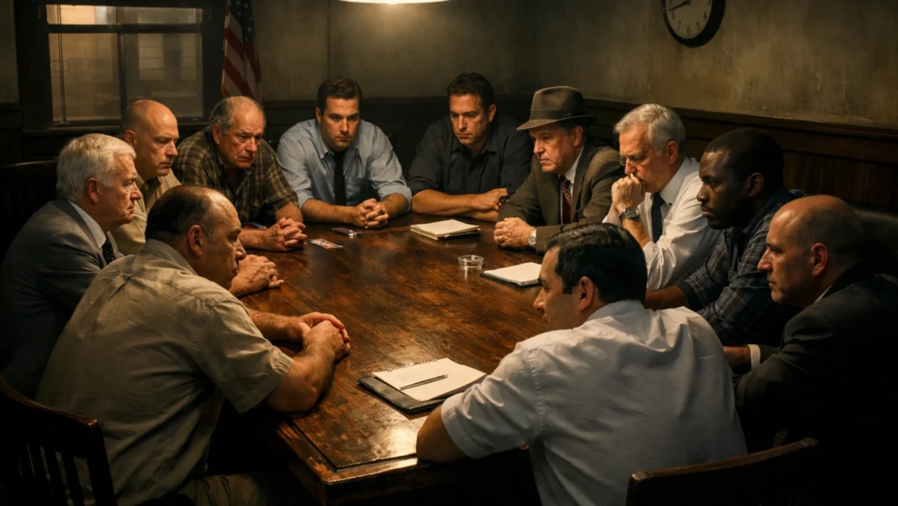 Porotnici u zatvorenoj sudnici iz filma 12 Angry Men, simbol moralne dileme i procesa odlučivanja porote