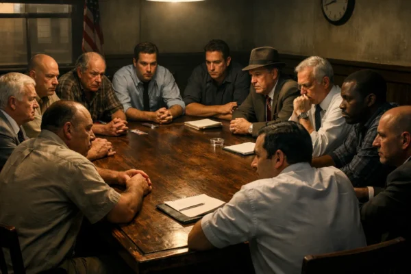 Porotnici u zatvorenoj sudnici iz filma 12 Angry Men, simbol moralne dileme i procesa odlučivanja porote