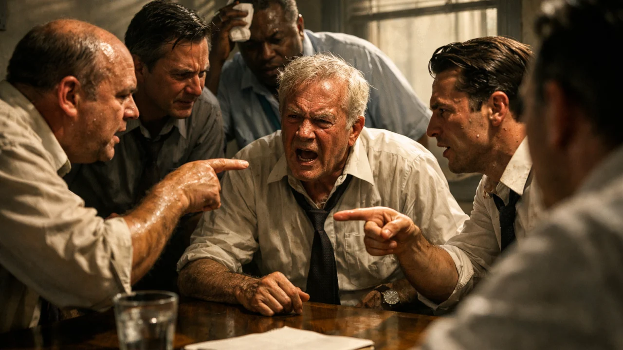 Napeta atmosfera porotničke sobe u filmu 12 Angry Men naglašava psihološki pritisak i sukob mišljenja