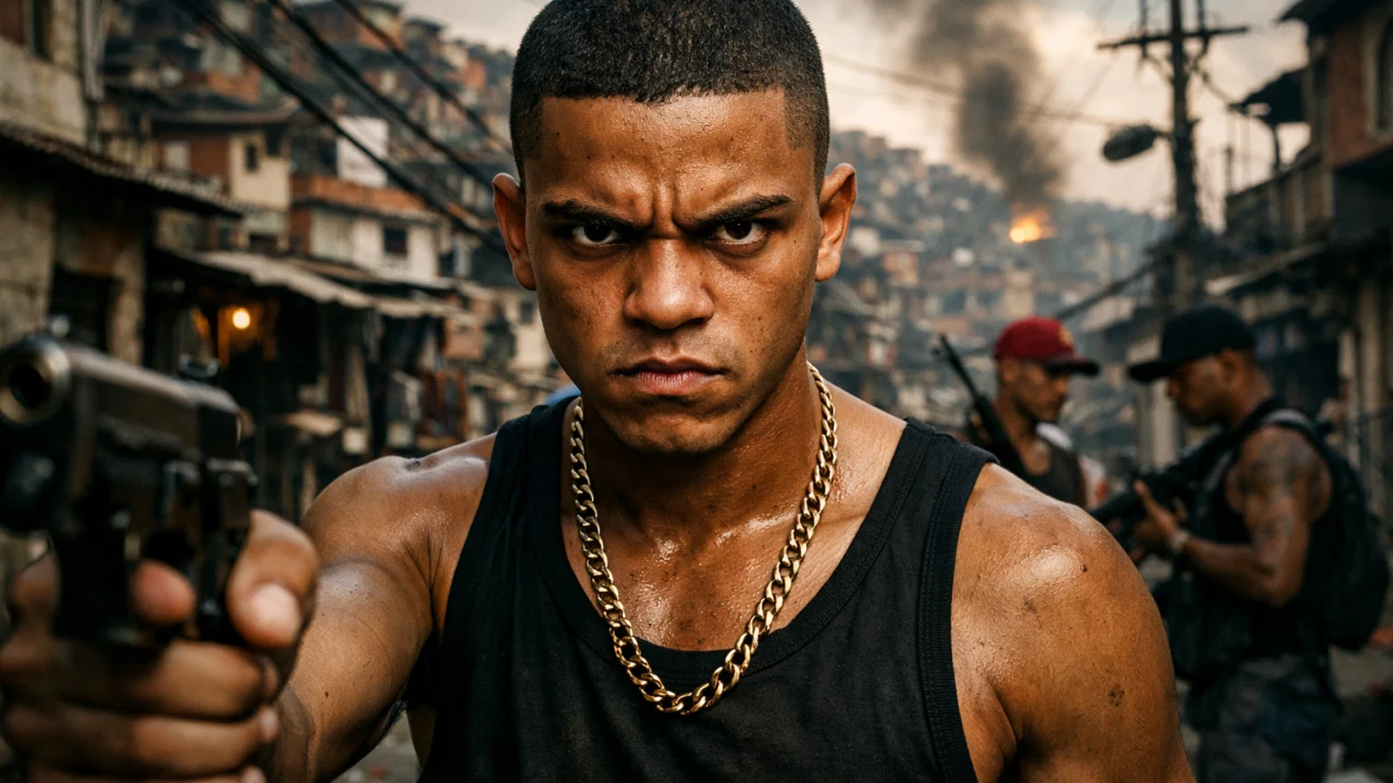 Portret kriminalnog vođe nalik Lil Zéu iz filma City of God, prikaz brutalnosti i moći u faveli