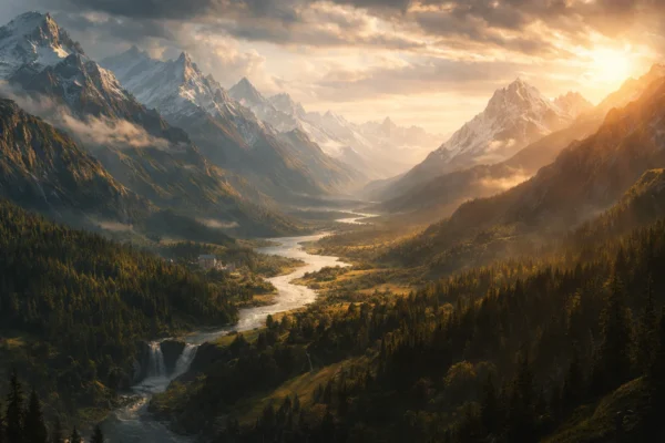 Široki panoramski prikaz Međuzemlja iz filma Gospodar prstenova: Prstenova družina, epski krajolik i fantasy ugođaj