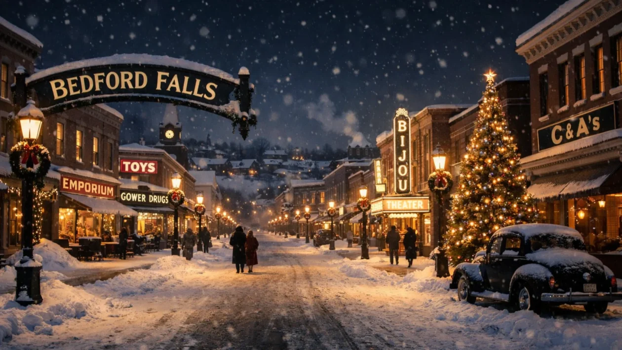 Snježni Bedford Falls kao središnje mjesto filma It's a Wonderful Life, prikaz božićne atmosfere i zajednice
