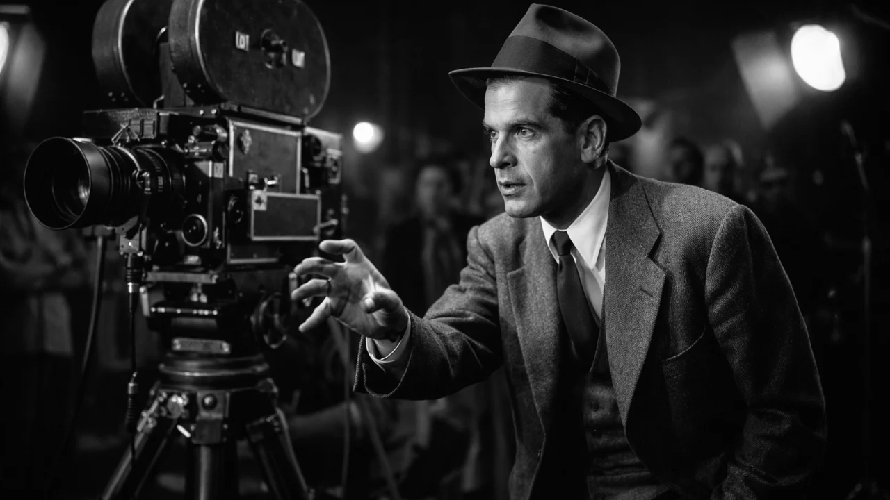 Redatelj Frank Capra tijekom snimanja filma It's a Wonderful Life, prikaz klasične hollywoodske produkcije