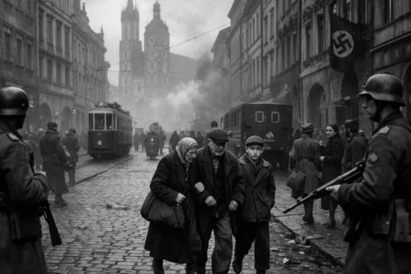 Široki kadar ratnog Krakova u filmu Schindler's List, crno-bijela estetska fotografija koja simbolizira holokaust