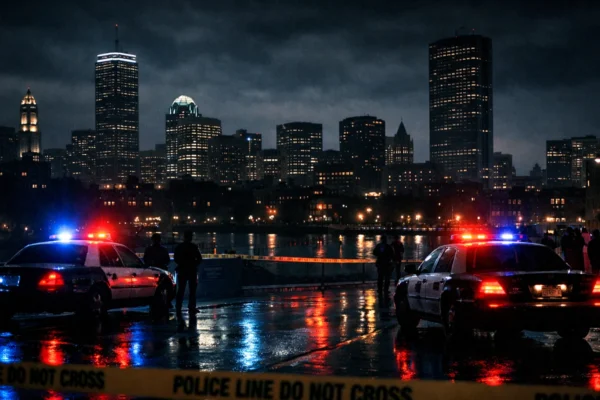 Mračni noćni Boston kao pozadina filma The Departed, policijska svjetla i kriminalni ugođaj
