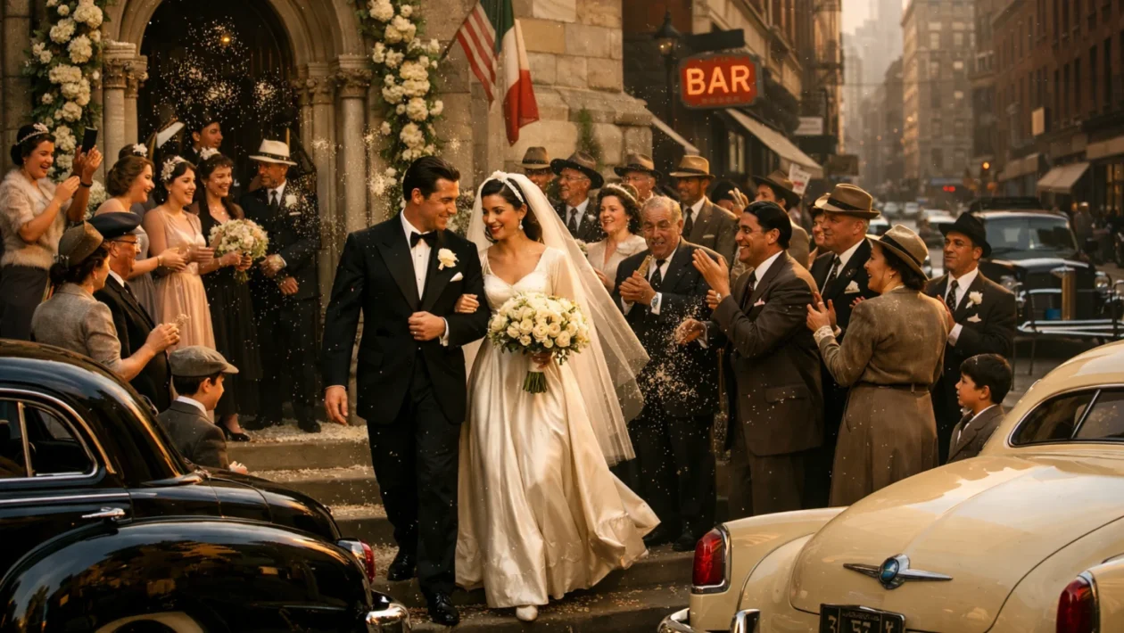 Široki kadar vjenčanja obitelji Corleone u filmu The Godfather, prikaz talijansko-američke zajednice i moći