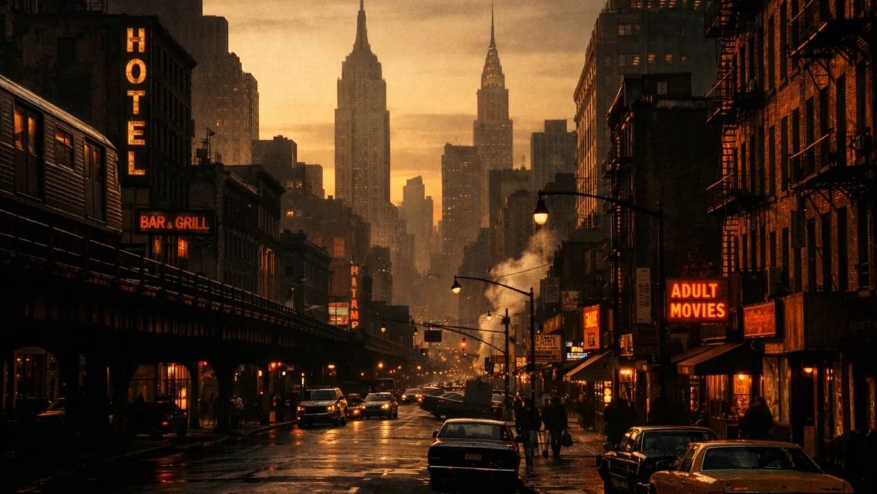 Široki kadar mračne njujorške atmosfere iz 70-ih koji simbolizira epski kriminalistički svijet filma The Godfather Part II