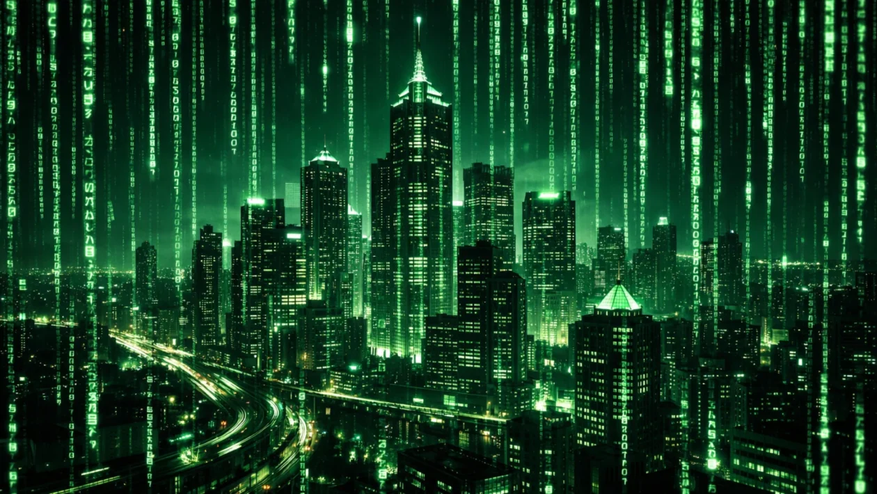 Široki vizualni prikaz grada i digitalne simulacije kao simbol filma The Matrix i njegove glavne teme stvarnosti