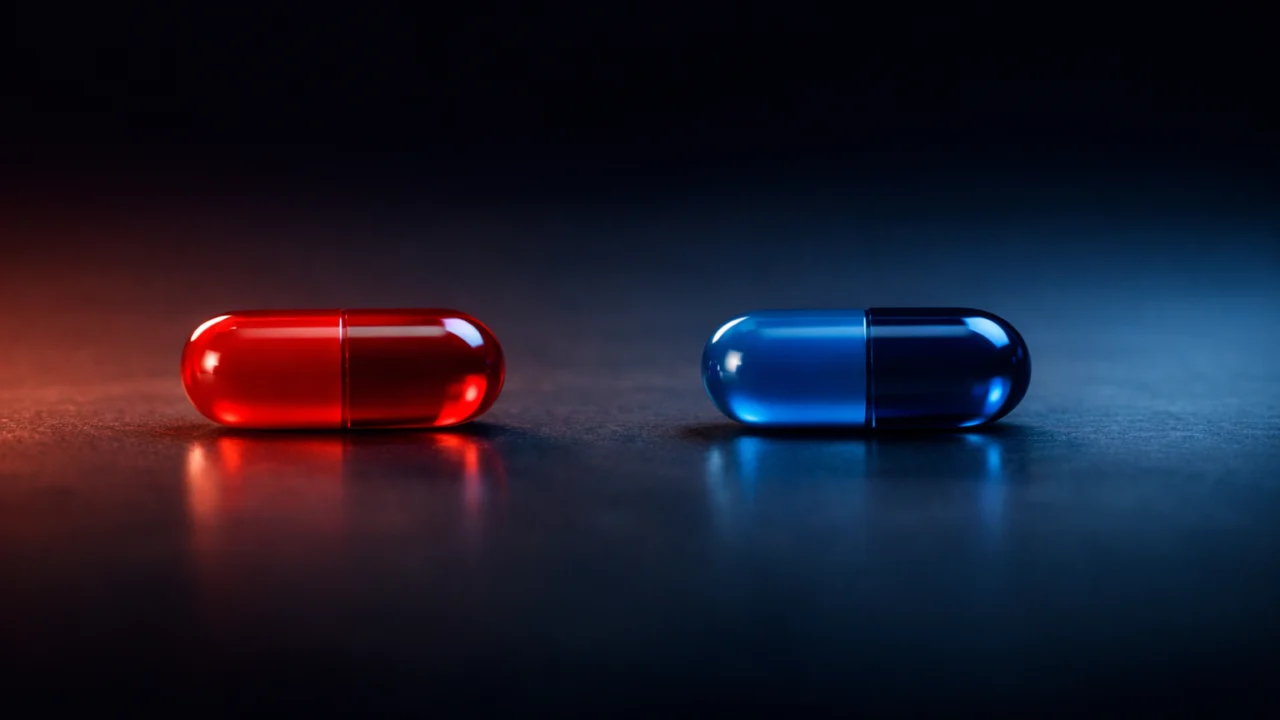 Simboličan izbor crvene i plave pilule iz filma The Matrix kao metafora stvarnosti i iluzije