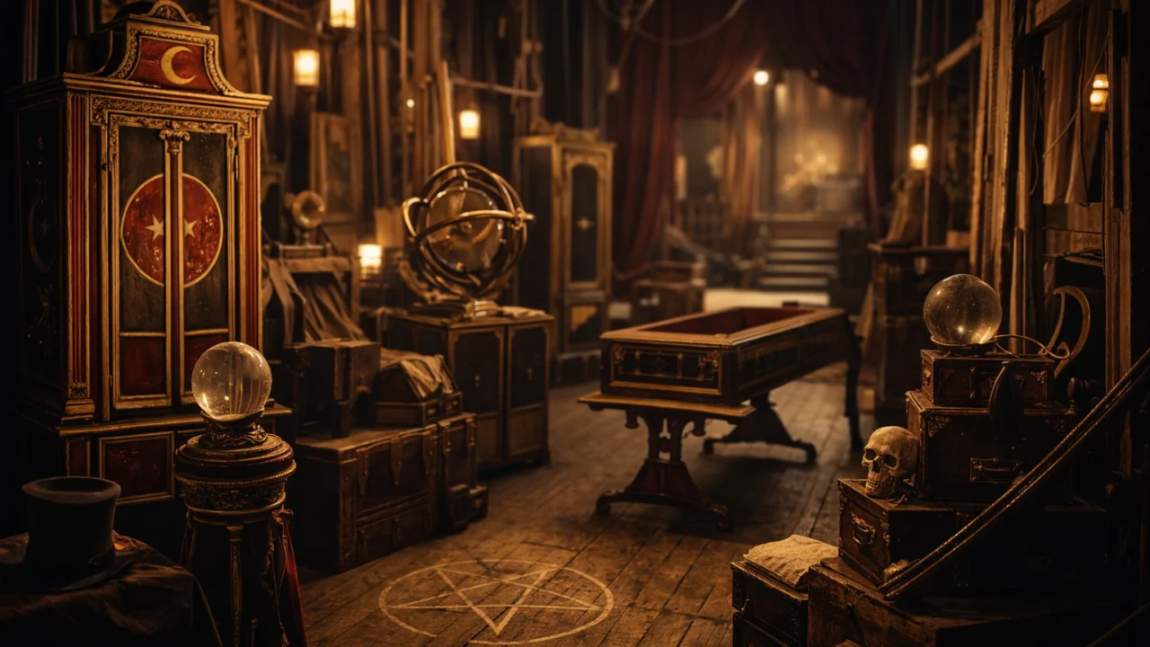 Iza pozornice viktorijanskog kazališta u filmu The Prestige s detaljima mađioničarskih rekvizita