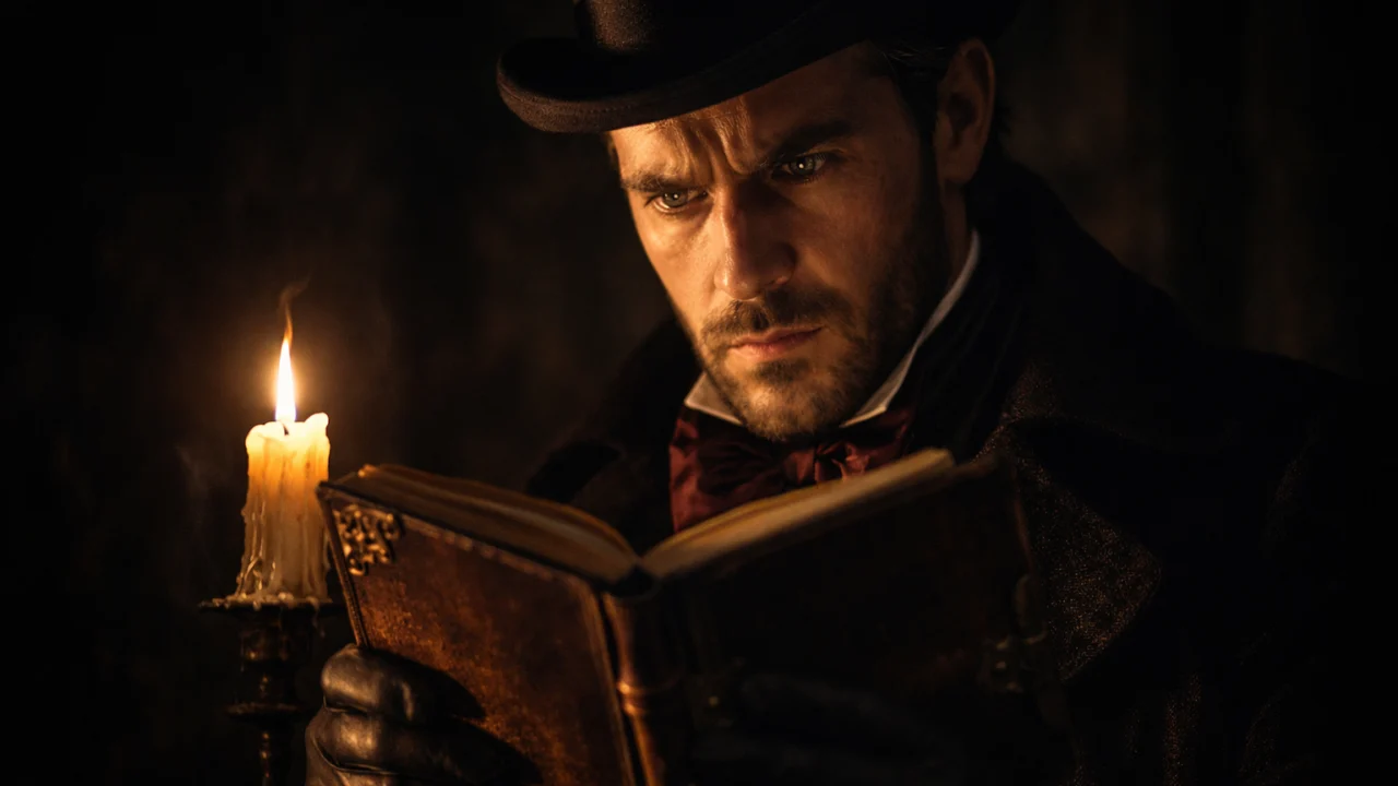 Mađioničar proučava tajni dnevnik u filmu The Prestige, simbol opsesije i skrivene istine