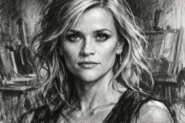 Portret Reese Witherspoon u ugalj stilu, crno-bijeli portret s naglašenim kontrastom i izražajnim linijama.