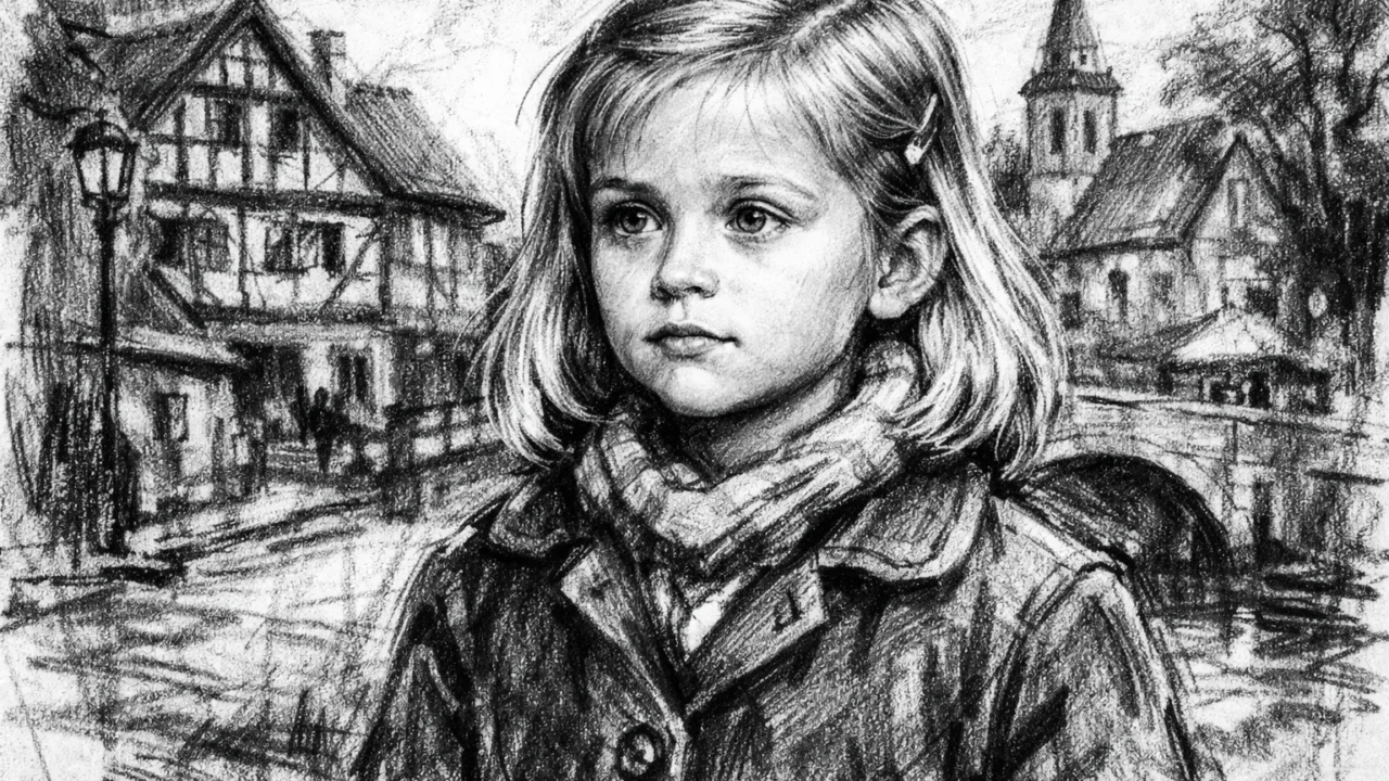 Prikaz djetinjstva Reese Witherspoon u Njemačkoj u ugalj stilu, crno-bijela scena s izražajnim linijama.