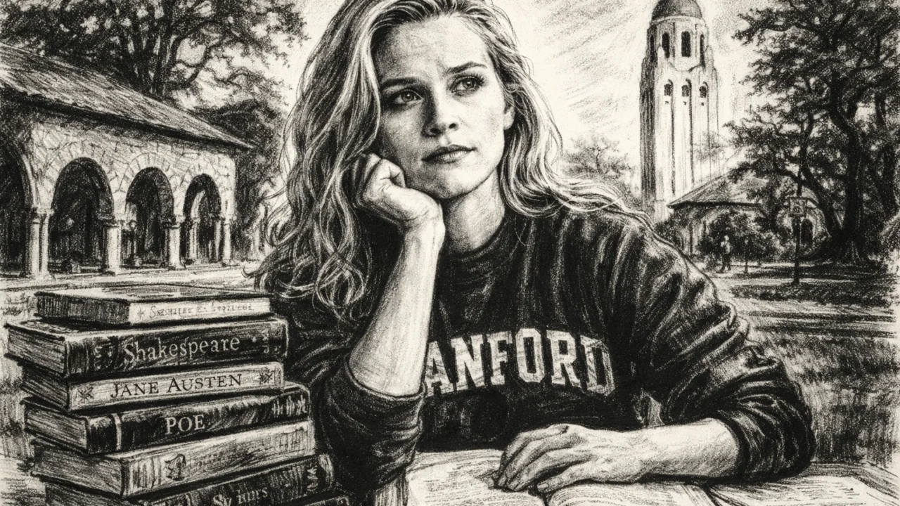 Reese Witherspoon kao studentica književnosti, ilustrirana u ugalj stilu s naglašenim kontrastom.