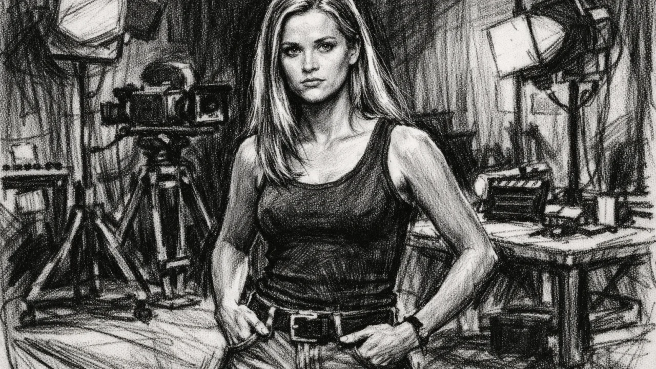 Rana faza filmske karijere Reese Witherspoon prikazana u ugalj stilu, crno-bijela ilustracija.