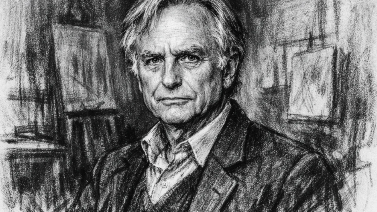 Hero portret Richarda Dawkinsa u ugalj stilu, crno-bijeli crtež s izraženim linijama i snažnim kontrastom.