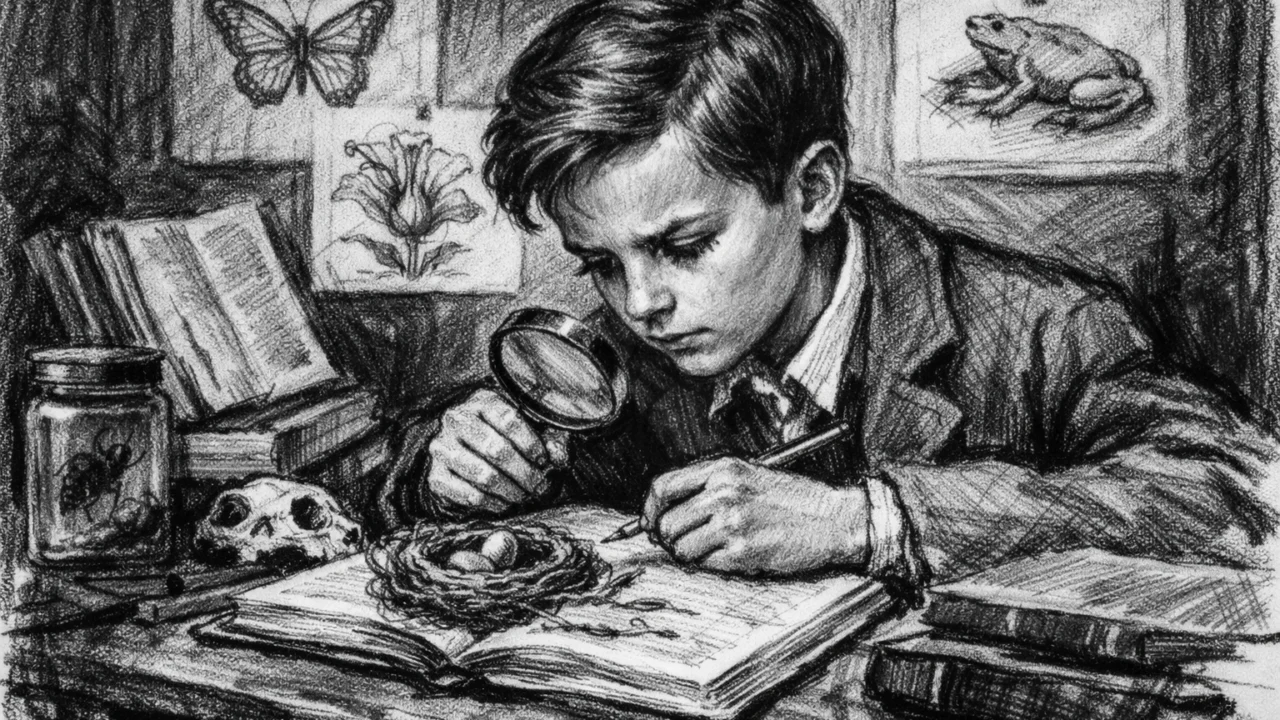 Mladi Richard Dawkins tijekom školovanja, prikazan u ugalj stilu s knjigama i interesom za prirodu.